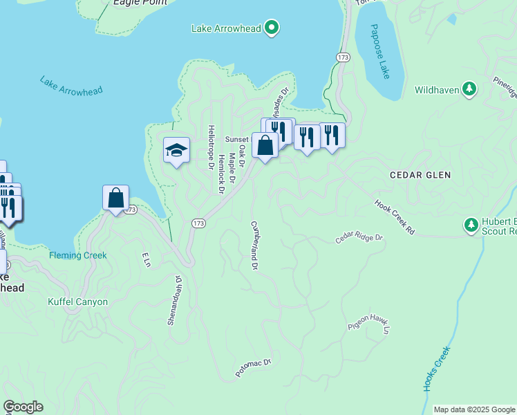 map of restaurants, bars, coffee shops, grocery stores, and more near 145 Cumberland Drive in Lake Arrowhead