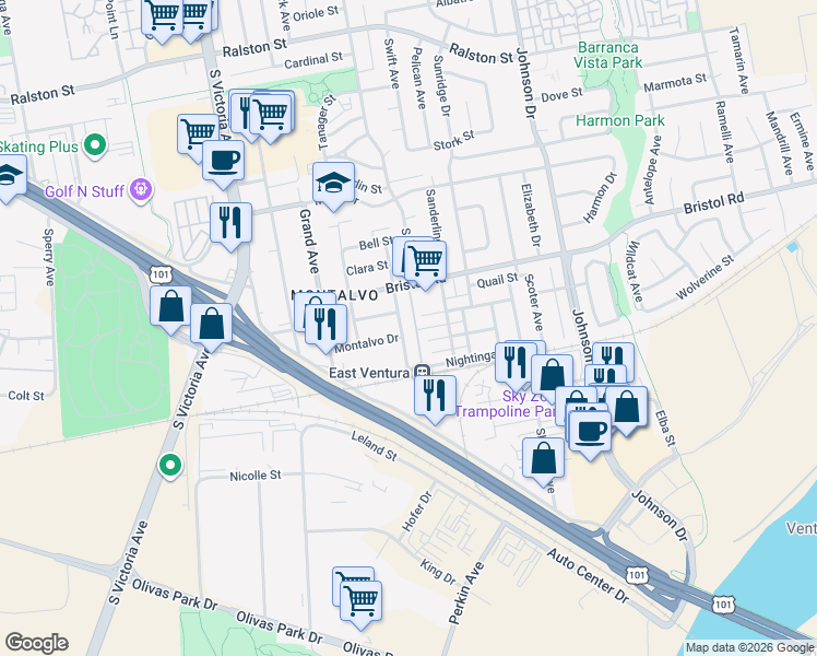 map of restaurants, bars, coffee shops, grocery stores, and more near 2456 Katherine Avenue in Ventura