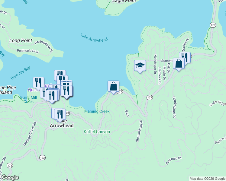 map of restaurants, bars, coffee shops, grocery stores, and more near 184 California 173 in Lake Arrowhead
