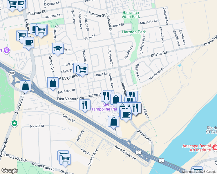 map of restaurants, bars, coffee shops, grocery stores, and more near 2526 Waxwing Avenue in Ventura