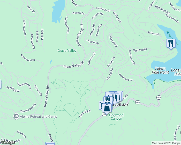 map of restaurants, bars, coffee shops, grocery stores, and more near 171 Golf Course Road in Lake Arrowhead