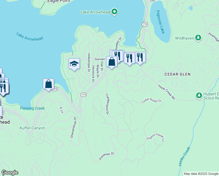 map of restaurants, bars, coffee shops, grocery stores, and more near 145 Cumberland Drive in Lake Arrowhead