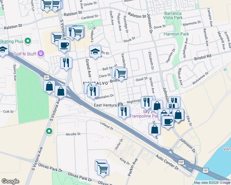 map of restaurants, bars, coffee shops, grocery stores, and more near 2456 Katherine Avenue in Ventura