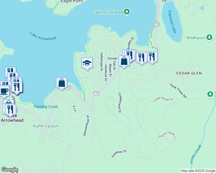 map of restaurants, bars, coffee shops, grocery stores, and more near 140 California 173 in Lake Arrowhead