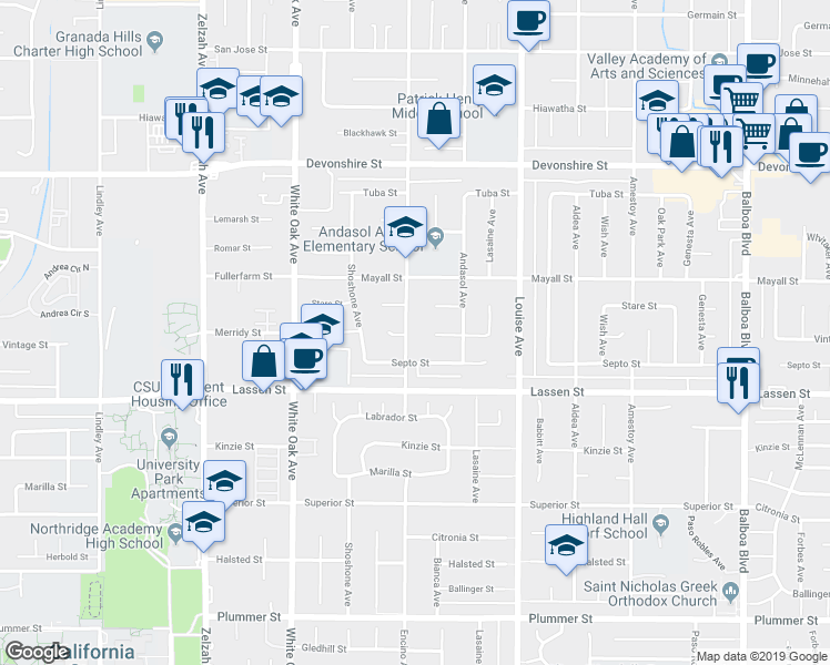map of restaurants, bars, coffee shops, grocery stores, and more near 10016 Encino Avenue in Los Angeles