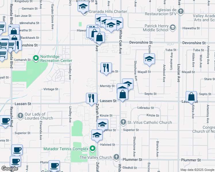 map of restaurants, bars, coffee shops, grocery stores, and more near 17819 Merridy Street in Los Angeles