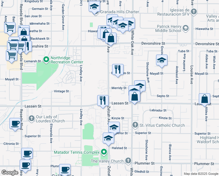 map of restaurants, bars, coffee shops, grocery stores, and more near 17819 Merridy Street in Los Angeles