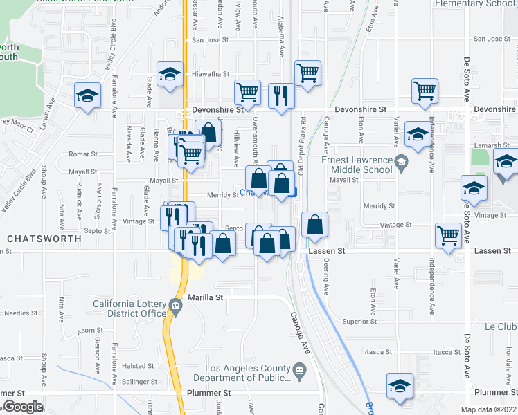 map of restaurants, bars, coffee shops, grocery stores, and more near 10027 Owensmouth Avenue in Los Angeles
