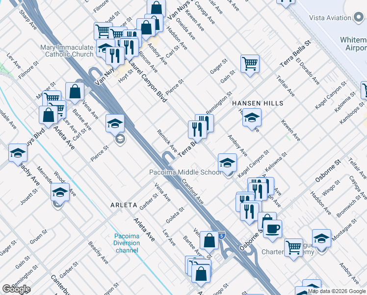 map of restaurants, bars, coffee shops, grocery stores, and more near 13501 Terra Bella Street in Los Angeles