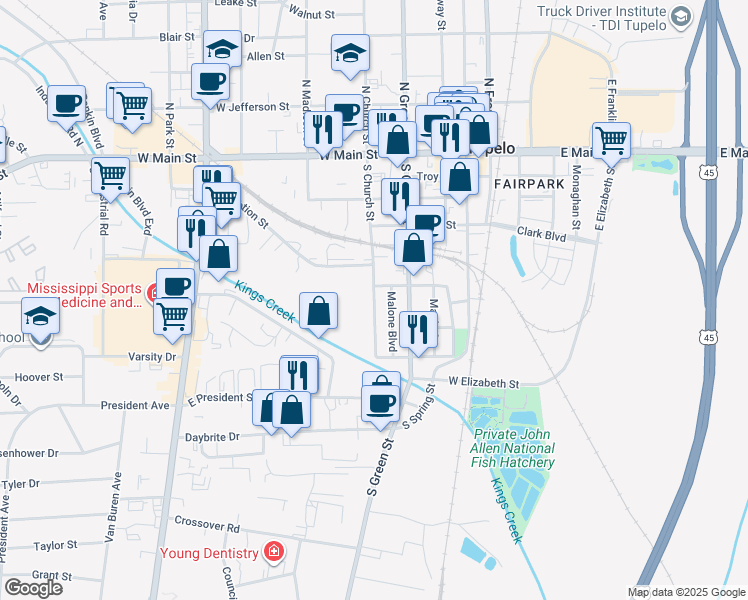 map of restaurants, bars, coffee shops, grocery stores, and more near 724 South Church Street in Tupelo