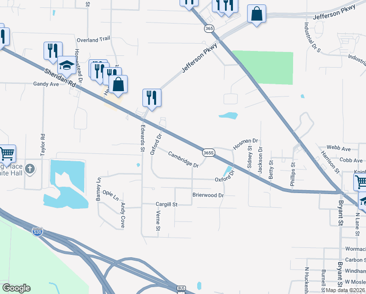map of restaurants, bars, coffee shops, grocery stores, and more near 6620 Sheridan Road in Pine Bluff