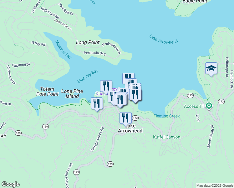 map of restaurants, bars, coffee shops, grocery stores, and more near in Lake Arrowhead