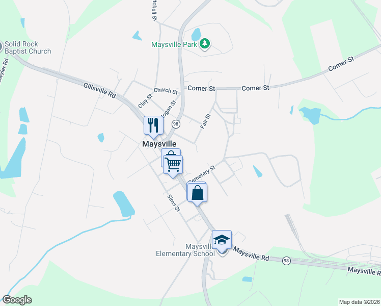 map of restaurants, bars, coffee shops, grocery stores, and more near 136 Ellison Street in Maysville