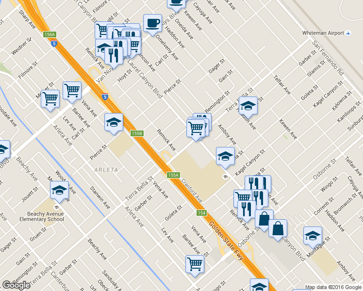 map of restaurants, bars, coffee shops, grocery stores, and more near 13501 Terra Bella Street in Los Angeles