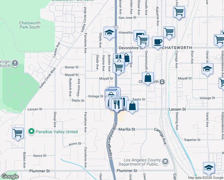 map of restaurants, bars, coffee shops, grocery stores, and more near 10025 California 27 in Los Angeles