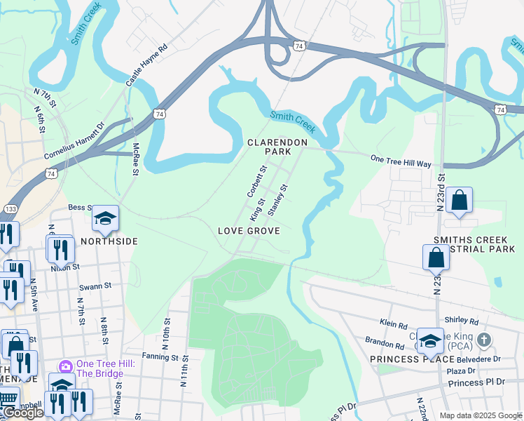 map of restaurants, bars, coffee shops, grocery stores, and more near 1402 King Street in Wilmington