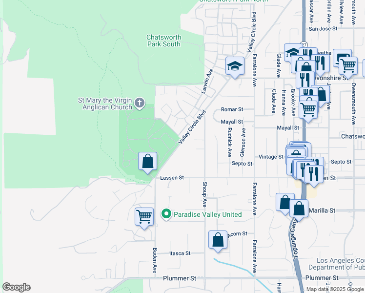 map of restaurants, bars, coffee shops, grocery stores, and more near 10022 Valley Circle Boulevard in Los Angeles