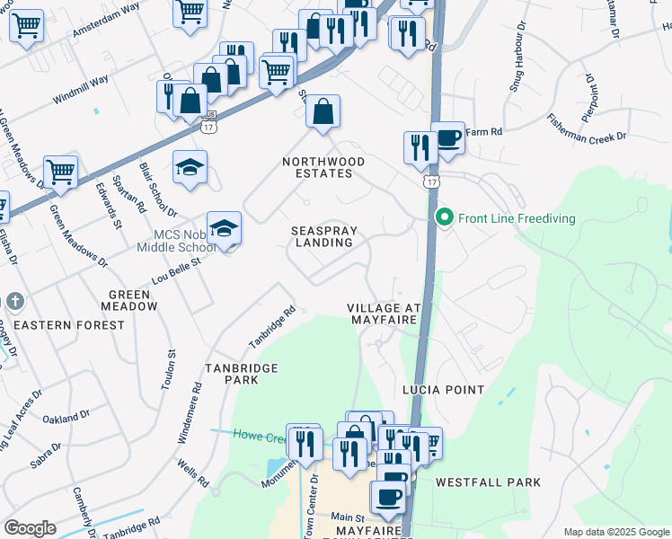 map of restaurants, bars, coffee shops, grocery stores, and more near 724 Royal Bonnet Drive in Wilmington