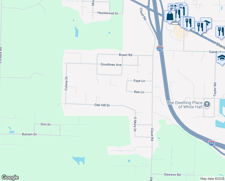 map of restaurants, bars, coffee shops, grocery stores, and more near 1906 Amy Lane in White Hall