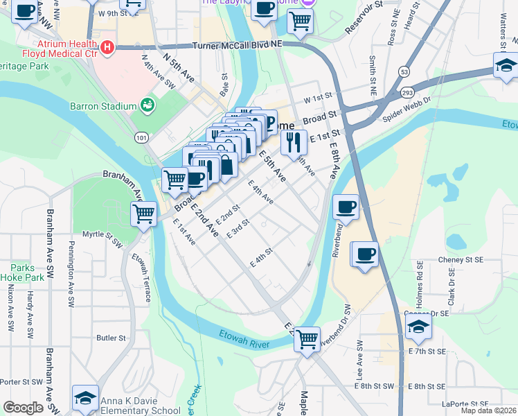 map of restaurants, bars, coffee shops, grocery stores, and more near 311 East 3rd Street in Rome