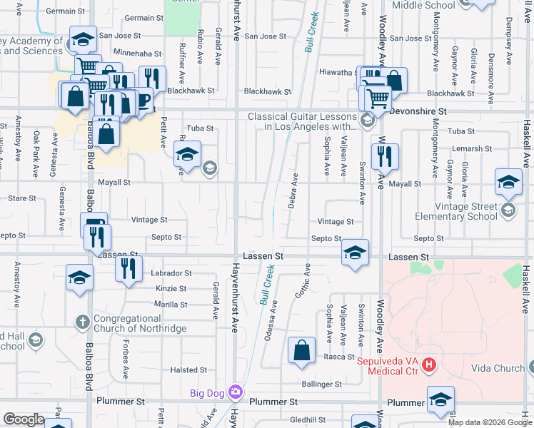 map of restaurants, bars, coffee shops, grocery stores, and more near 16524 Casey Street in Los Angeles