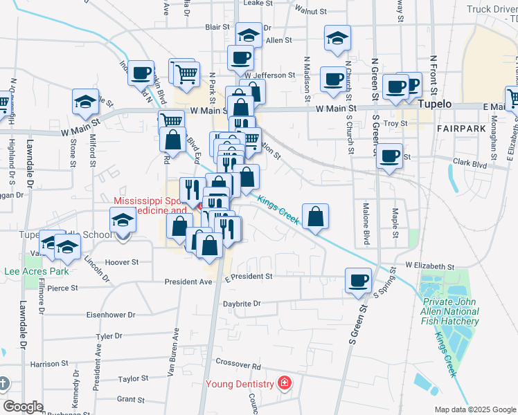 map of restaurants, bars, coffee shops, grocery stores, and more near 707 Robert E Lee Drive in Tupelo