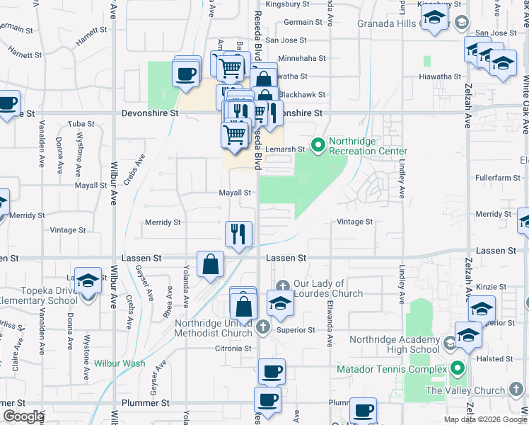 map of restaurants, bars, coffee shops, grocery stores, and more near 18502 Mayall Street in Los Angeles
