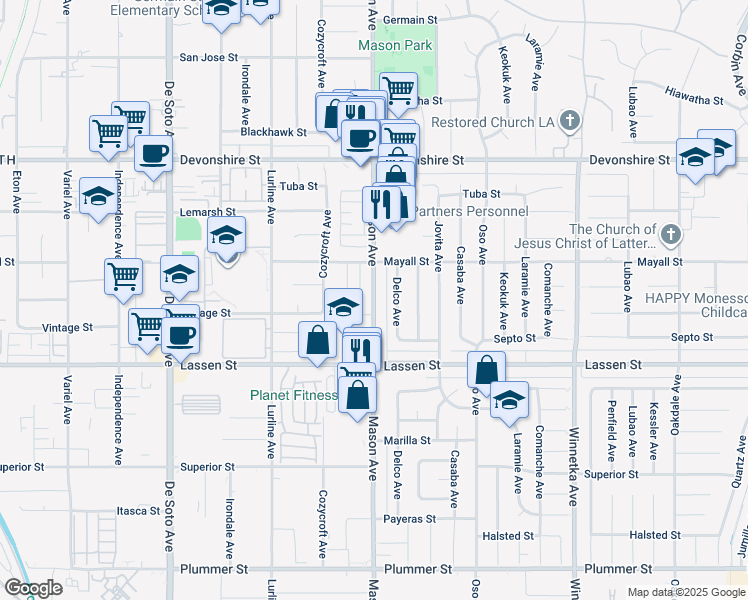 map of restaurants, bars, coffee shops, grocery stores, and more near 10020 Mason Avenue in Los Angeles