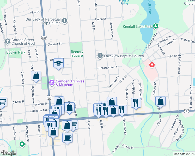 map of restaurants, bars, coffee shops, grocery stores, and more near 206 Laurens Street in Camden