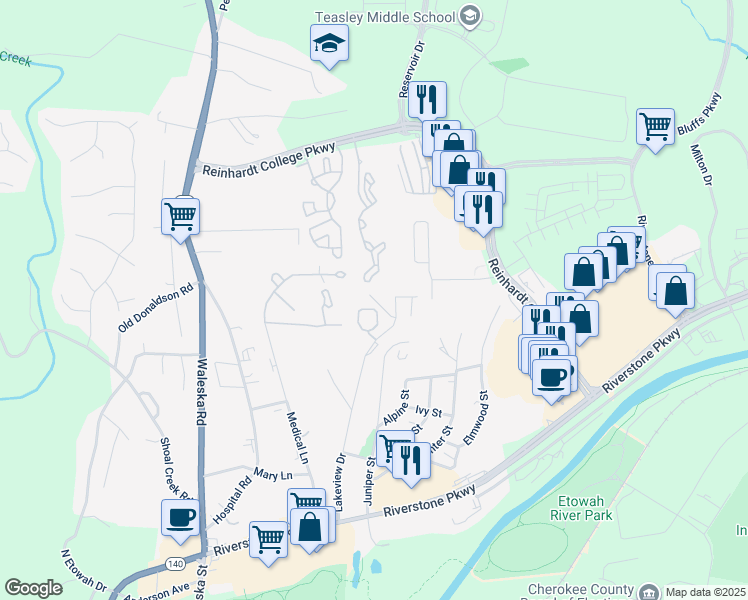 map of restaurants, bars, coffee shops, grocery stores, and more near 551 Lakeview Drive in Canton