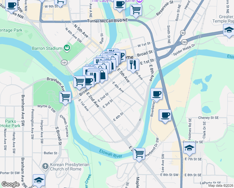 map of restaurants, bars, coffee shops, grocery stores, and more near 204 East 4th Avenue in Rome