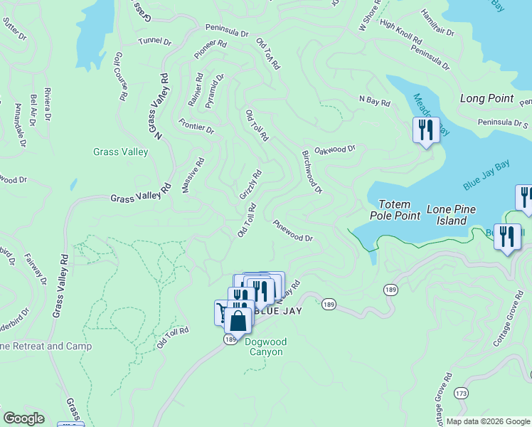 map of restaurants, bars, coffee shops, grocery stores, and more near 27325 Pinewood Drive in Lake Arrowhead