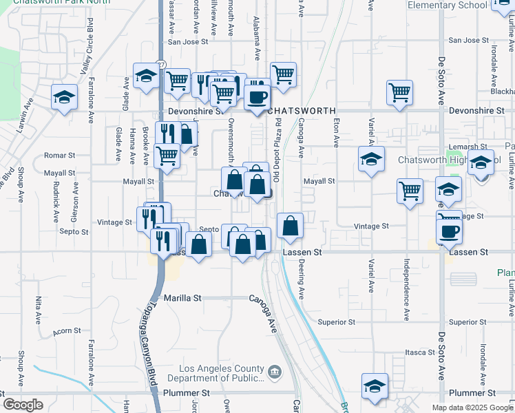 map of restaurants, bars, coffee shops, grocery stores, and more near 10020 North Remmet Avenue in Los Angeles