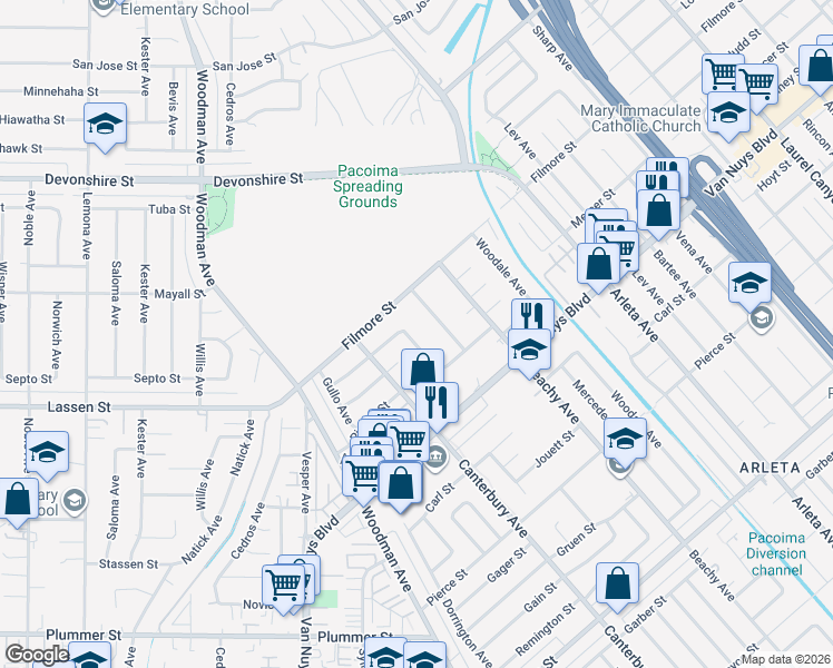 map of restaurants, bars, coffee shops, grocery stores, and more near 9972 Obeck Avenue in Los Angeles