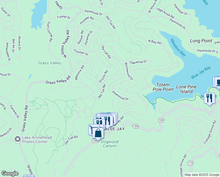 map of restaurants, bars, coffee shops, grocery stores, and more near 27325 Pinewood Drive in Lake Arrowhead