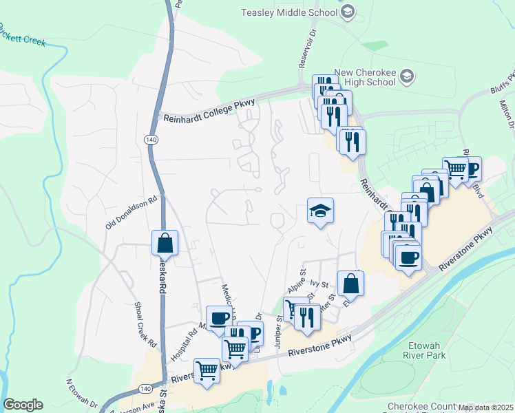 map of restaurants, bars, coffee shops, grocery stores, and more near 124 Hickory Knoll Drive in Canton