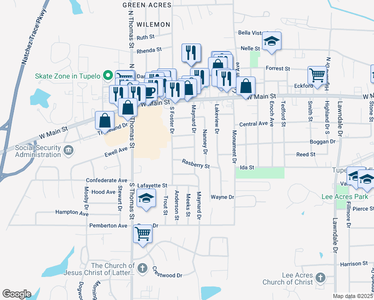 map of restaurants, bars, coffee shops, grocery stores, and more near 2305 Torrey Street in Tupelo