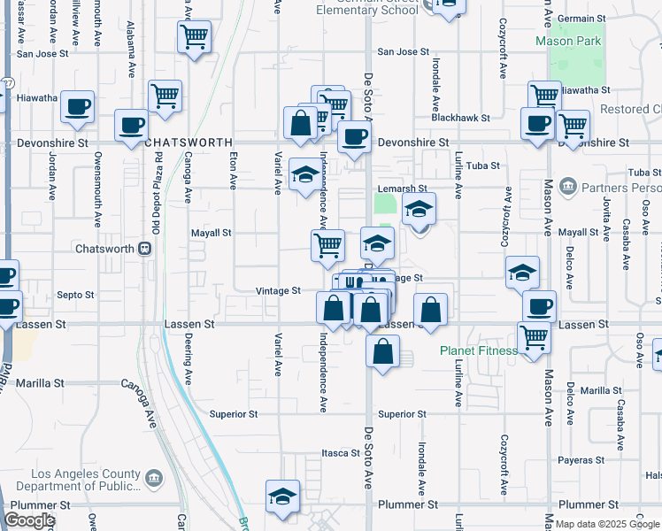 map of restaurants, bars, coffee shops, grocery stores, and more near 10016 Independence Avenue in Los Angeles