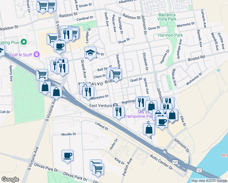 map of restaurants, bars, coffee shops, grocery stores, and more near 6326 Hummingbird Street in Ventura