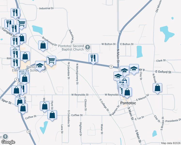 map of restaurants, bars, coffee shops, grocery stores, and more near 145 North College Street in Pontotoc