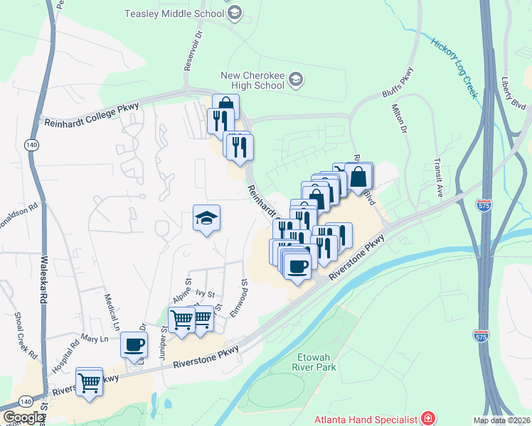 map of restaurants, bars, coffee shops, grocery stores, and more near 13 Reinhardt College Parkway in Canton