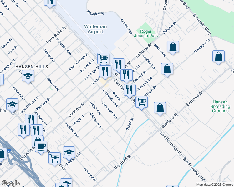 map of restaurants, bars, coffee shops, grocery stores, and more near 10031 San Fernando Road in Los Angeles