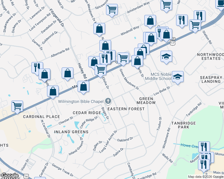 map of restaurants, bars, coffee shops, grocery stores, and more near 34 Carter Avenue in Wilmington