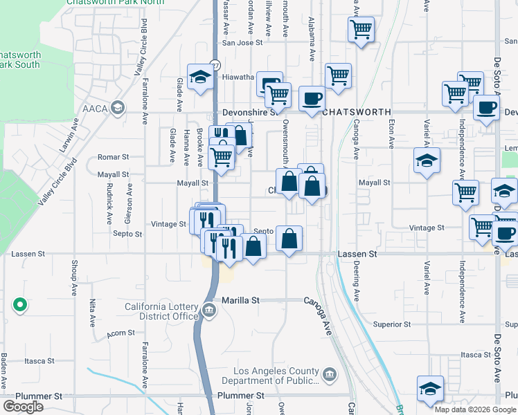 map of restaurants, bars, coffee shops, grocery stores, and more near 21751 Vintage Street in Los Angeles
