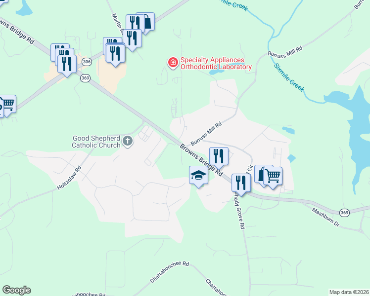 map of restaurants, bars, coffee shops, grocery stores, and more near 4810 Burruss Mill Road in Cumming