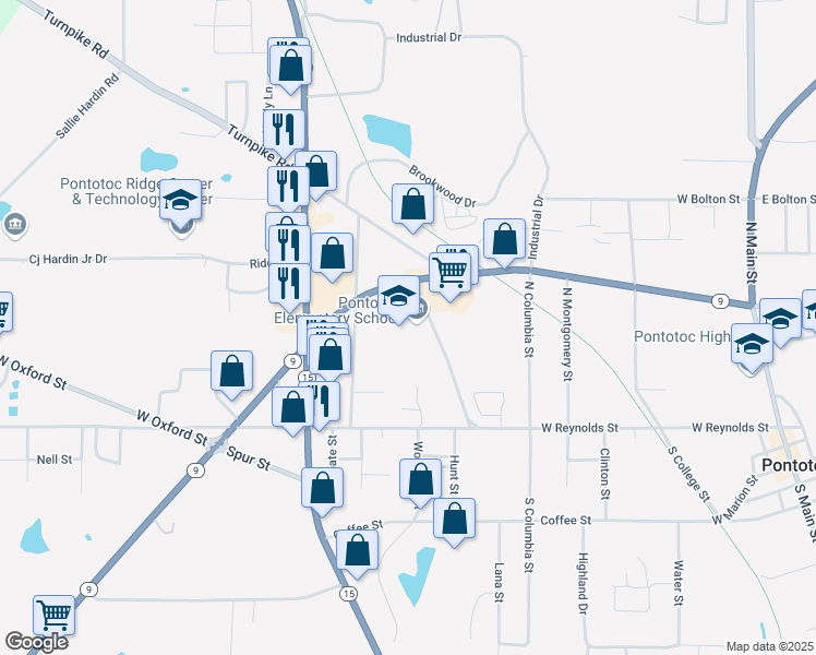 map of restaurants, bars, coffee shops, grocery stores, and more near 145 Fred Dowdy Avenue in Pontotoc