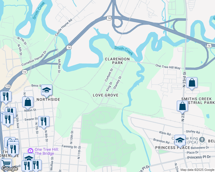 map of restaurants, bars, coffee shops, grocery stores, and more near 1401 Liverpool Street in Wilmington