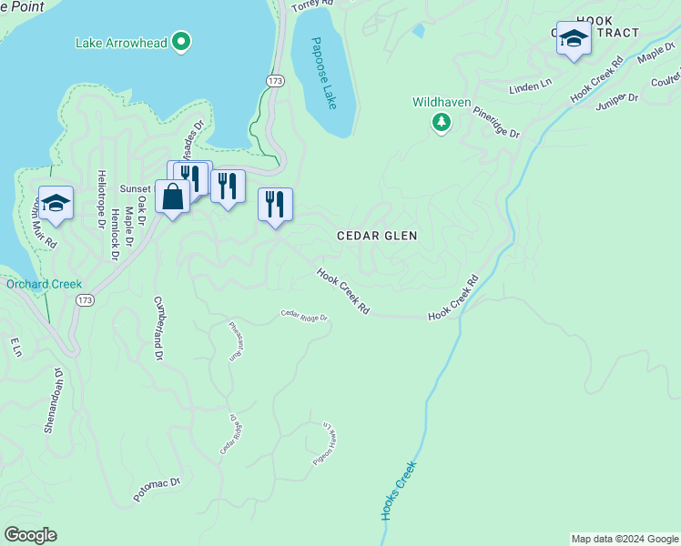 map of restaurants, bars, coffee shops, grocery stores, and more near 29264 Pine Drive in Lake Arrowhead