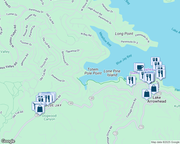 map of restaurants, bars, coffee shops, grocery stores, and more near 177 Shorewood Drive in Lake Arrowhead