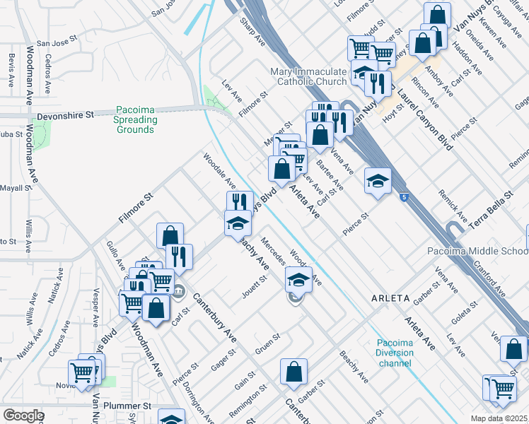 map of restaurants, bars, coffee shops, grocery stores, and more near 14094 Van Nuys Boulevard in Los Angeles
